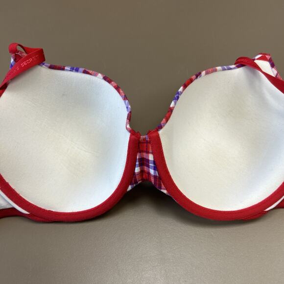 Victoria's Secret Bra 36DD Lined Perfect Coverage Red Purple Plaid Cotton - Picture 5 of 6
